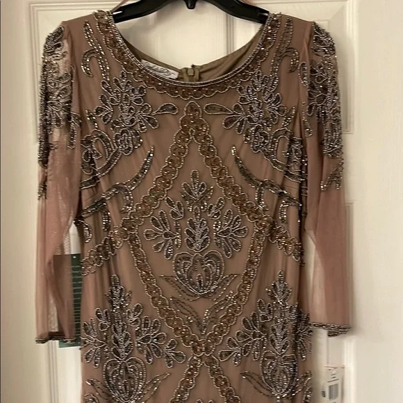 Brown Sequin Embellished Gown with 3/4 Sleeves - Picture 1 of 11